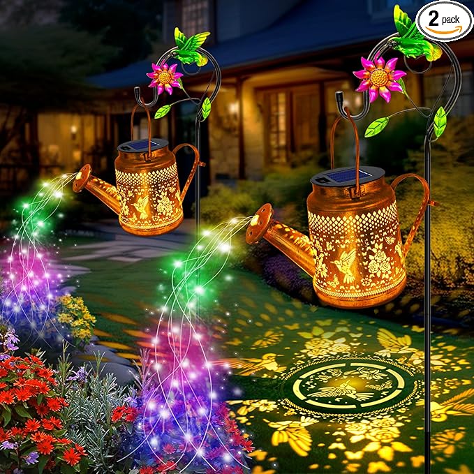 2 Pack Big Solar Lanterns Outdoor, Gifts For Mom Grandma Women Wife Daughter Mother's Day, Hummingbird Watering Can Lights With Shepherd Hook, Solar Path Light Yard Art Outside Patio Decor Multicolour