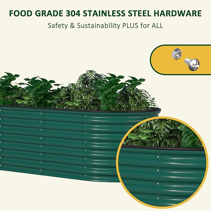 VEIKOU 8ftx2ftx2ft Raised Garden Bed Outdoor for Vegetables, 9-in-1 Galvanized Metal Planter Box with 4 Support Rods, 23.1''H Modular Garden Bed Kit Oval for Herbs and Flowers, Green