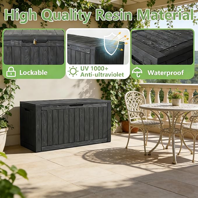 Oudoor Storage Deck Boxes Waterproof, Waterproof and UV Resistant Outdoor Storage Box Lockable Lid for Delivery Box, Indoor, Garden Tools, Pool Supplies, Patio (Black, 110 Gallon)