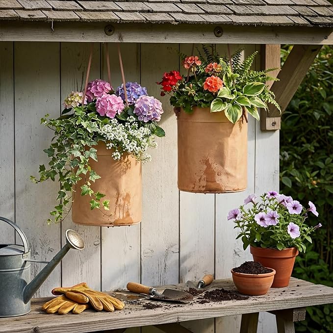 2 Pcs Hanging Planters for Indoor Outdoor 6'' Washed Cowhide Plant Basket Hanging Hanger Flower Pot Plant Holder Decorative Container for Home Wall Decor