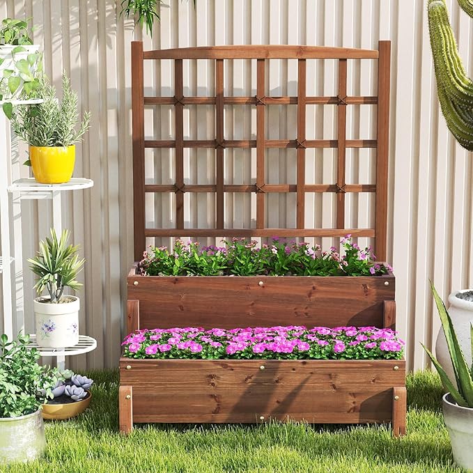 2-Tier Raised Garden Bed with Trellis, Wooden Elevated Planter Box with Legs, Hemp Rope & Drainage Holes, Raised Plant Bed for Backyard, Garden, Lawn