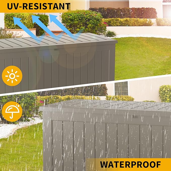150 Gallon Outdoor Storage Box Patio Deck Box Waterproof, Resin Lockable Outside Large Storage Bin for Pool Cushion Furniture, Garden Tools UV-Resistant, Grey
