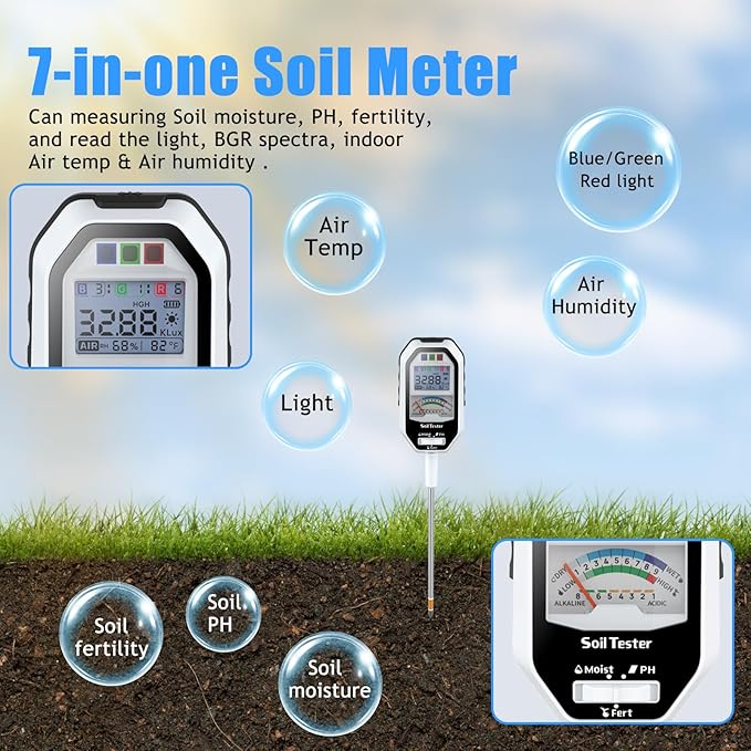 Long Probe Soil Moisture Meter, 7-in-1 Soil PH Tester/Soil Moisture/Fertility with 2 Types Probes, LCD Display Air Temp/Air Humidity/Sunlight Intensity/BGR Spectral for Plants Garden, Lawn,Indoor Outd