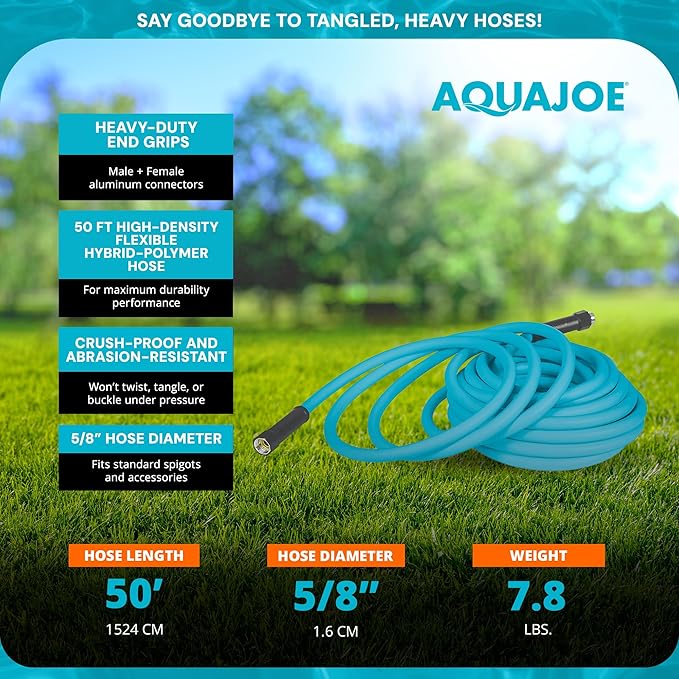 Aqua Joe Garden Water Hose with Dual Swivel Grenade Grips, Kink-Free and Flexible Hybrid Polymer, 50 Ft - Heavy-Duty, Expandable, and Lightweight Watering Tool for Gardening, AJPGH50-PRO