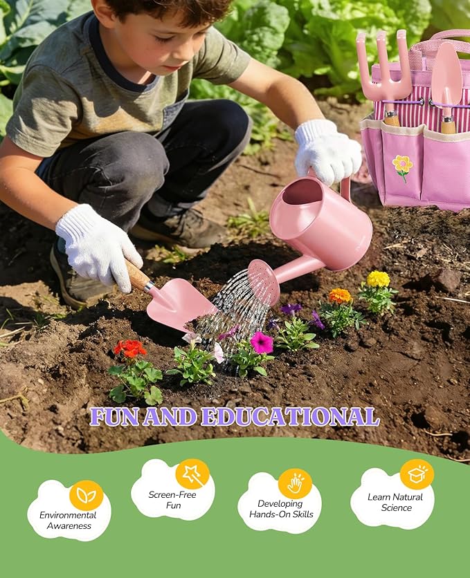 8Pcs Kids Gardening Set with Metal Basket & Real Metal Tools, STEM Outdoor Exploration Kit, Ergonomic Wooden Handles, 3 Shovels, Rake, Watering Can, Gloves, Toy Gift for Toddler Boys Girls