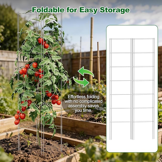 SPECILITE Square Foldable Tomato Cages 3 Pack, 13" W x 56" H Heavy Duty Galvanized Steel Plant Support Trellis for Garden, Tomatoes, Plant, Tool-Free & Rust Resistant for Outdoor Use (Include Gloves)