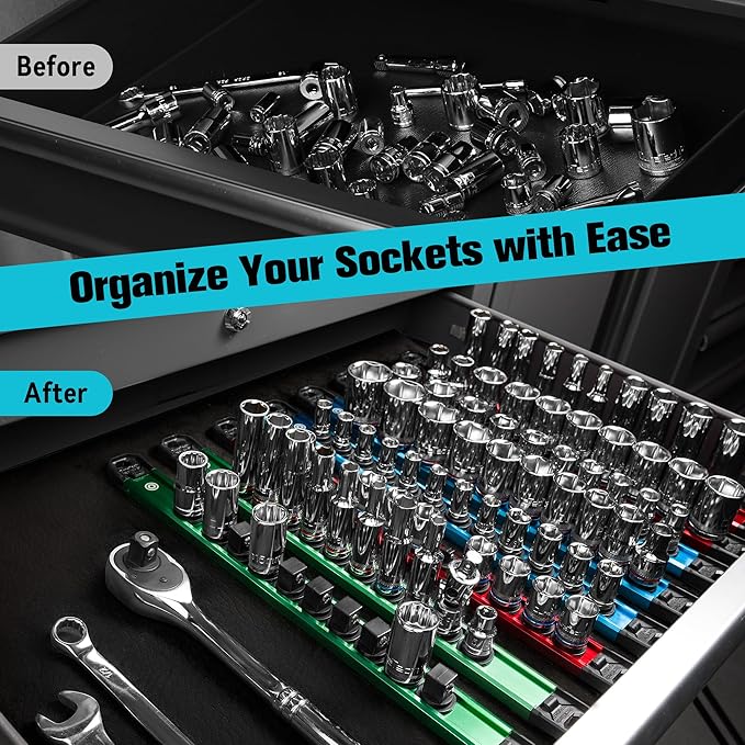 DURATECH Magnetic Socket Organizer Set, 1/4”, 3/8”, 1/2” Aluminum Alloy Socket Rail with 96 Clips, Socket Holder for Tool Box Drawer, Tool Cart and Garage Organization(9PCS)