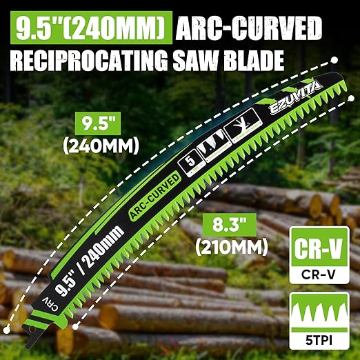9.5-Inch Arc Curved Reciprocating Saw Blades Set with Storage Box – 5 Pieces, 5 TPI, CR-V Steel for Tree Trimming & Wood Pruning