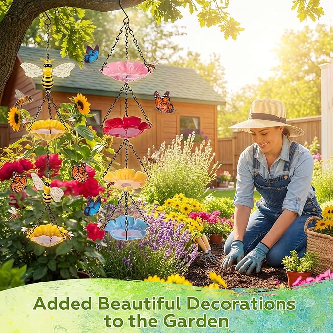 Tandefio 2 Pack Hanging Bee Watering Station for Outdoor Garden, Butterfly Feeder with Flower Bowl, Pollinator Feeding Station for Yard Patio, Bee Bath for Gardeners(Bees & Flower Style)