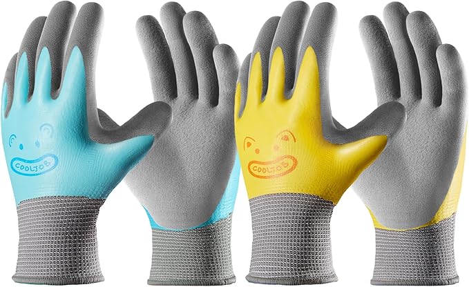 COOLJOB 2 Pairs Waterproof Kids Gardening Gloves for Age 5-7, Non-slip Double-layer Rubber Coating,Children Grippy Breathable Toddler Garden Work Gloves, Blue & Yellow, Medium
