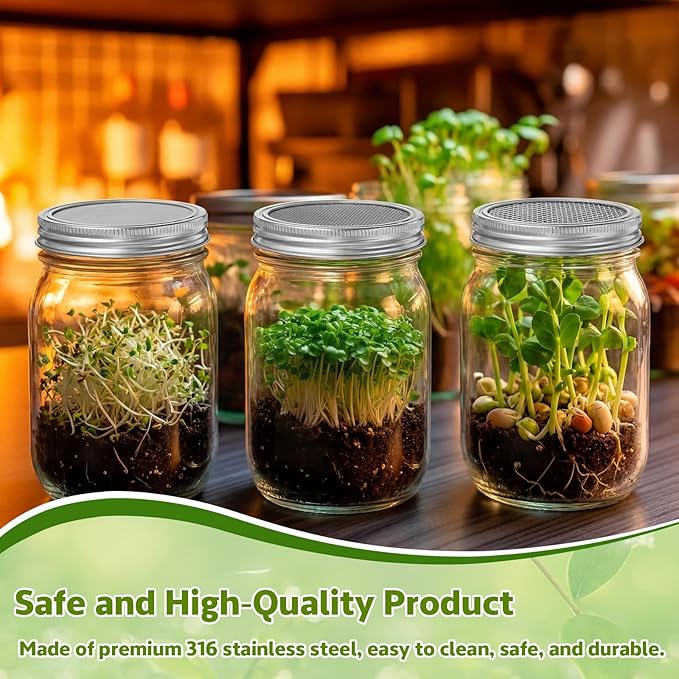 Sprouting Growing Lids for Wide Mouth Mason Jars,Sprouting Lids with 3 different orifice sizes,Alfalfa & Mung Bean Sprouts Grow Kit,L,M,S Strainer mesh(9 Pcs,Silver,Stainless Steel)