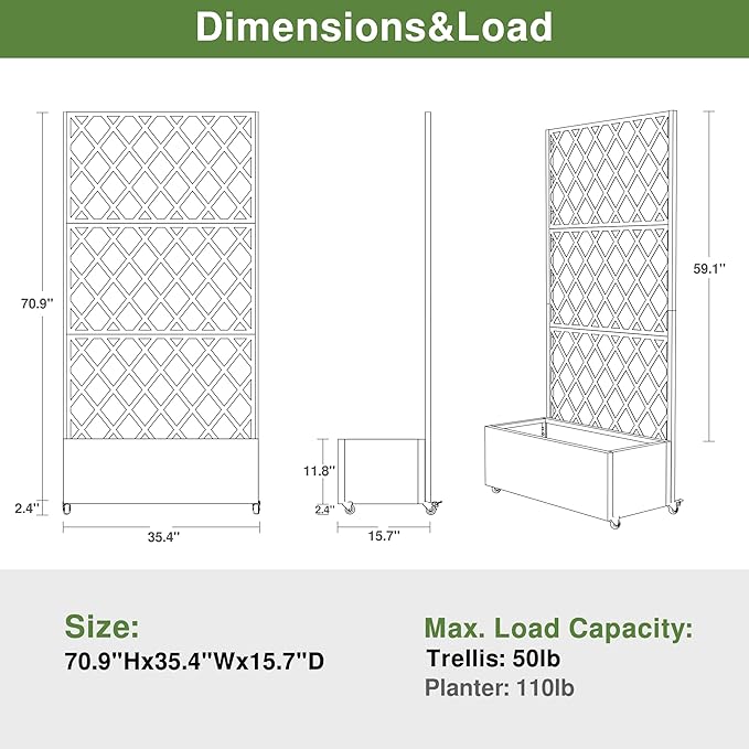 Casaphoria Metal Raised Garden Bed with Trellis and Wheels, 72"x35"x16" Planter Box for Climbing Plants, Vegetables & Vines, Features Drainage Holes and Privacy Screen, White-Rhombus