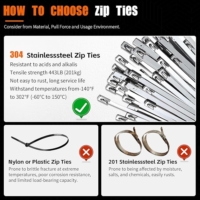 24 Inch Metal Cable Zip Ties, Stainless Steel Zip Ties Long,500 Lbs Heavy Duty Self-Locking Strap Ties, Steel Cable Tie, 40 PCS Strength for Exhaust Wrap, Garden Ties, UV Resistant Cable Ties
