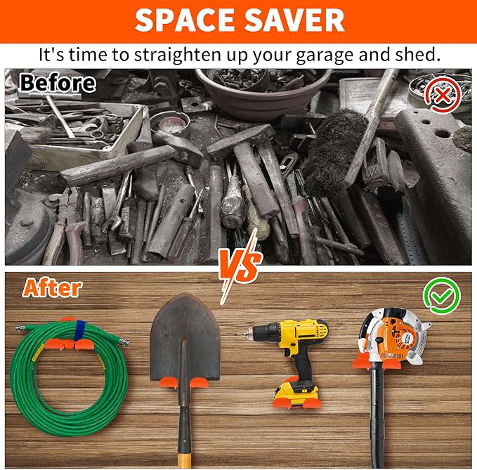 Upgraded Trimmer Rack Wall Mount - 8" Heavy Duty Weed Eater Hanger for Garage Wall, Garden Power Tool Holder Organizer Hooks for Grass Trimmer, Hedge Trimmer, Leaf Blower and Chainsaw, Orange, 3 Pack