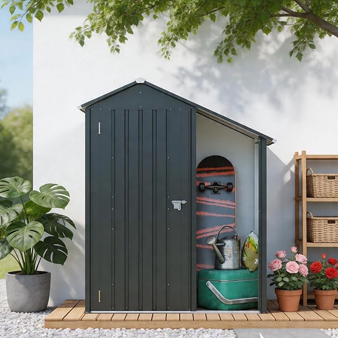 Waterproof 5'x2' Storage Shed with Open Firewood Rack, Heavy Duty 2-in-1 Lean-to Tool Storage Garden Cabinet with Internal Organizer Shelf, Lockable Door for Patio, Backyard, Lawn, Metal