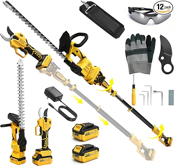 4-IN-1 Electric Pruning Shears+Pole Hedge Trimmer Combo, Hedge and Grass Trimmer Cordless & Tree Pruner with Extension Pole for Shrubs, Bushes, Max 15Ft Reach, Compatible with Dewalt Battery