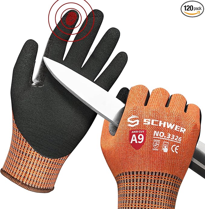 Schwer ProGuard High Level Cut Resistant Work Gloves PR3326 for Extreme Protection，ANSI A9 Cut Gloves with Reinforced Thumb, Non Slip, Durable, Touch-screen, Orange 120 Pairs, L