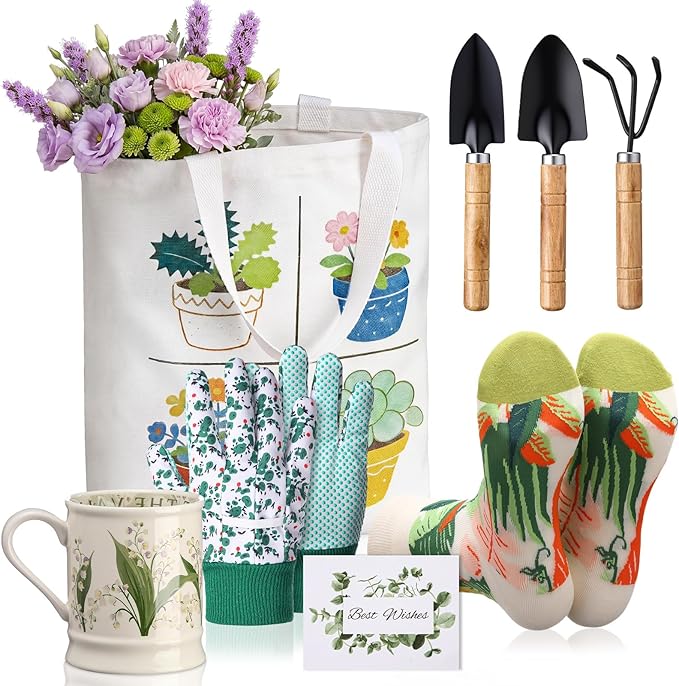 8 Pcs Plant Lover Gift Set for Women Gardening Gifts with Floral Canvas Tote Bag 12oz Coffee Mug Socks Garden Hand Tools Gloves Plants Themed Gift for Mother's Day Birthday Outdoor Women Plant Lover