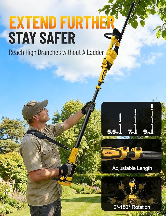 4-IN-1 Electric Pruning Shears+Pole Hedge Trimmer Combo, Hedge and Grass Trimmer Cordless & Tree Pruner with Extension Pole for Shrubs, Bushes, Max 15Ft Reach, Compatible with Dewalt Battery
