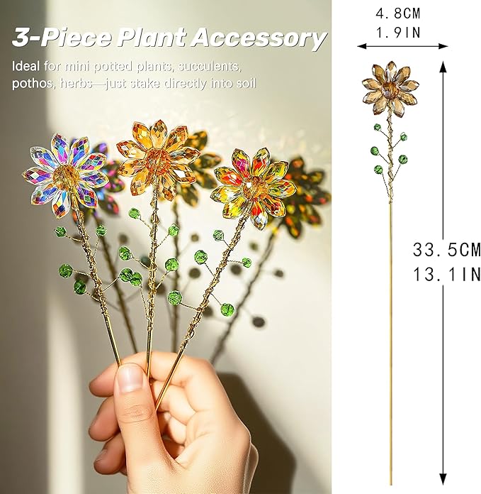 H&D HYALINE & DORA 3 Pcs Crystal Sunflower Suncatchers with 13'' Gold Trellis Metal Plant Stake for Indoor Outdoor Garden Potted Plants Decorations Plant Lover Gift(Ab, Red, Amber)