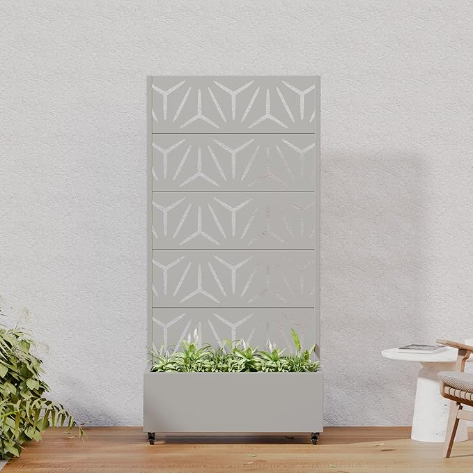 Casaphoria Metal Raised Garden Bed with Trellis and Wheels, 72"x35"x16" Planter Box for Climbing Plants, Vegetables & Vines, Features Drainage Holes and Privacy Screen, Grey-Star