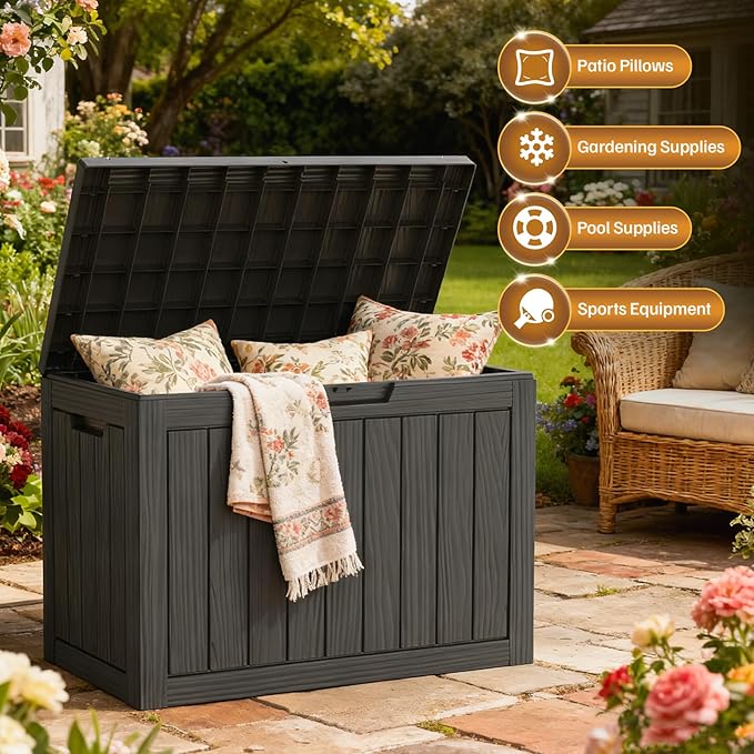 45 Gallon Deck Box, Small Outdoor Storage Box Waterproof, Outside Resin Storage Bin for Outdoor Patio Furniture Pillow, Pool Supply, Garden Tool, UV-Resistant and Weatherproof, Black