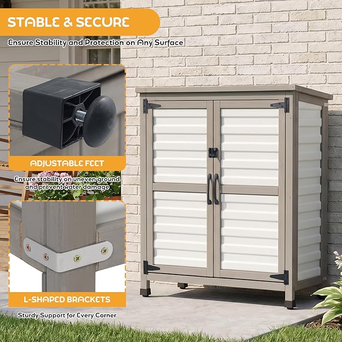 PetsCosset Outdoor Storage Cabinet with Lockable Doors, Wood & Plastic Horizontal Garden Patio Storage Box for Tools Toys Pool Accessories, Easy to Assemble, White