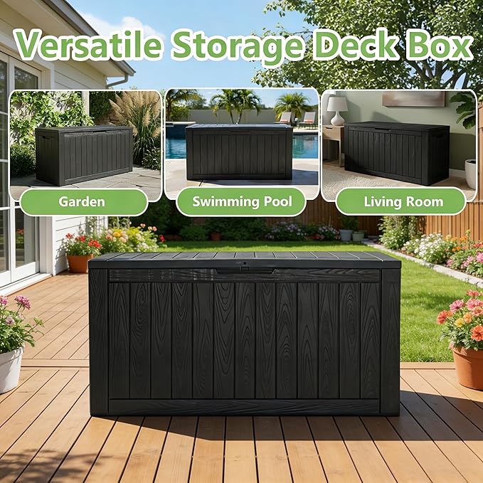 Oudoor Storage Deck Boxes Waterproof, Waterproof and UV Resistant Outdoor Storage Box Lockable Lid for Delivery Box, Indoor, Garden Tools, Pool Supplies, Patio (Black, 120 Gallon)