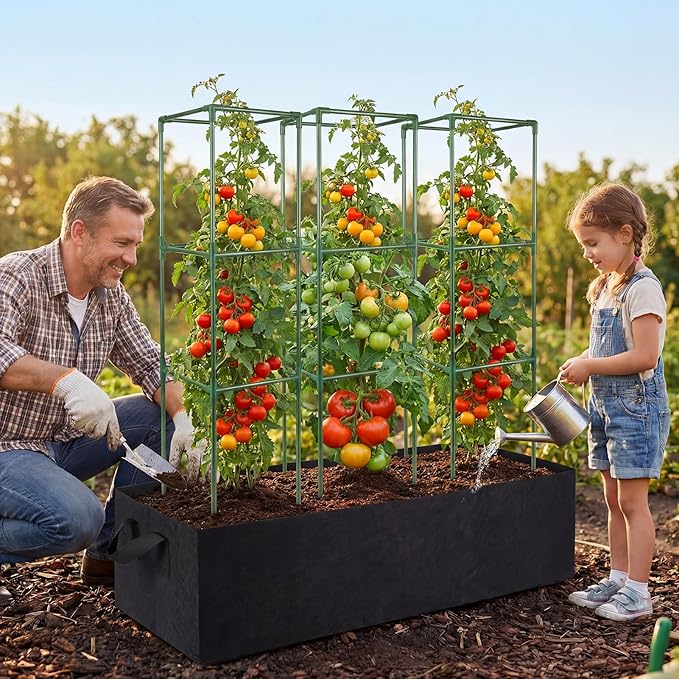 BobbleT Tomato Cages with Fabric Raised Garden Bed - 3 Pack 41" Adjustable Heavy Duty Square Trellis Supports with 86 Gallon Grow Bag, Reusable Outdoor Planter Kit for Tomatoes & Climbing Plants