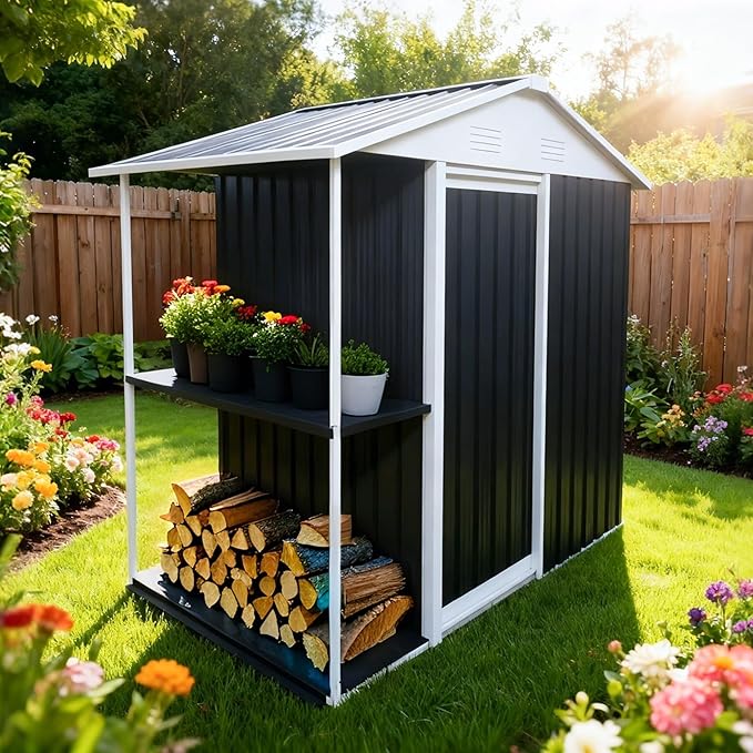 6'x4' Outdoor Storage Shed with External Rack and Shelves, Heavy Duty Metal 2-in-1 Garden Tool Buliding Shed with 1.3'x3.7' Open Side Storage Area for Bike, Lawn, Patio, Backyard