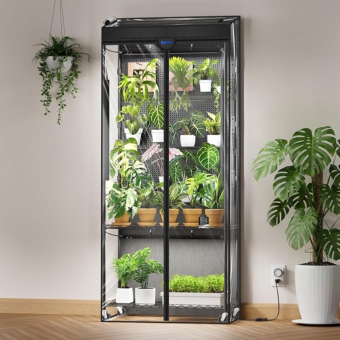 Barrina LH750 Pegboard Indoor Greenhouse with Grow Light, Plant Cabinet with 90W 5000K Full Spectrum Lamps, 3 Adjustable Pegboards, Timer, Wheel, for Foliage Plant, Seedling, 29.5x13.8x67.9IN