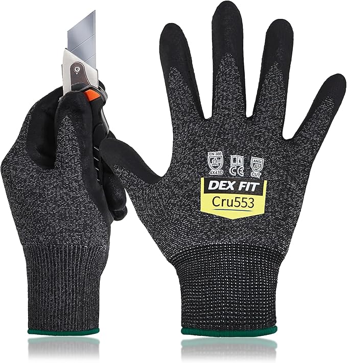 DEX FIT Level 5 Cut Resistant Gloves Cru553, 3D-Comfort Stretchy Fit, Power Grip, Professional Grade, Thin, Touch-Screen Compatible, Durable, Machine Washable; Black Gray M (8) 1 Pair