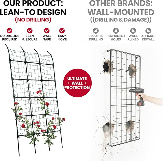 7.2ft Leaning Garden Trellis, No-Drill Lean-to Design for Climbing Plants | PE-Coated Galvanized Steel Plant Support for Flowers & Vegetables, Rust-Proof & Space-Saving Vertical Gardening