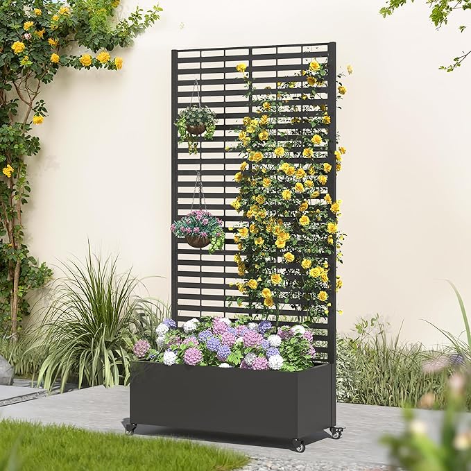 Metal Planter Box with Trellis, 73"x 35"x 16" Raised Garden Bed with Wheels and Drainage Holes, Planter with Trellis for Garden, Balcony and Patio, Black Louvered
