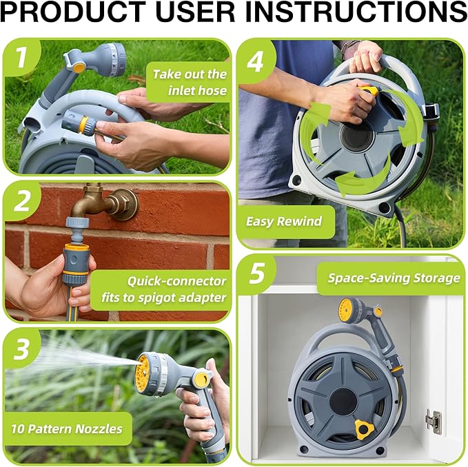 Retractable Garden Hose Reel, 1/2"x 50FT Heavy Duty Hose with 10 Spray Patterns - Leakproof, Durable & Compact Design for Garden Watering, Car Washing, Pet