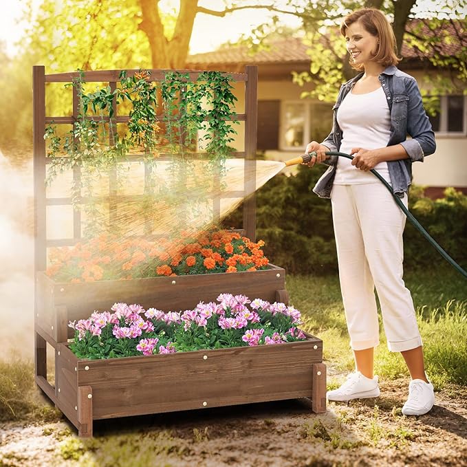 2-Tier Raised Garden Bed with Trellis, Wooden Elevated Planter Box with Legs, Hemp Rope & Drainage Holes, Raised Plant Bed for Backyard, Garden, Lawn