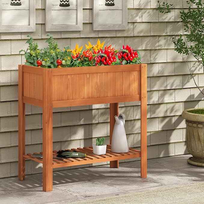 Giantex Raised Garden Bed Outdoor, Elevated Fir Wood Garden Box with Legs, Bottom Storage Shelf & Protective Liner, Planter Raised Bed for Gardening, Fruit, Vegetables, Herbs, 39" Lx20 Wx39 H