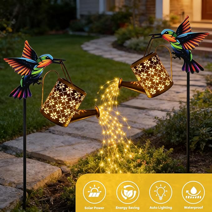 Solar Watering Can Lights, Waterproof Garden Lanterns with Shepherd Hook, Butterfly Hanging Lanterns Decor for Patio Yard Lawn Walkway, Perfect Gardening Gift for Women Mom Grandma (Hummingbird-B)