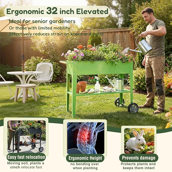 Raised Garden Bed Outdoor with Wheels, Leg and Wooden Handle, 36.2x13.4x32.3in, 400lb Cap, Metal Elevated Raised Planter Box for Herb, Vegetable, Perfect for Backyard, Balcony, Grass Green