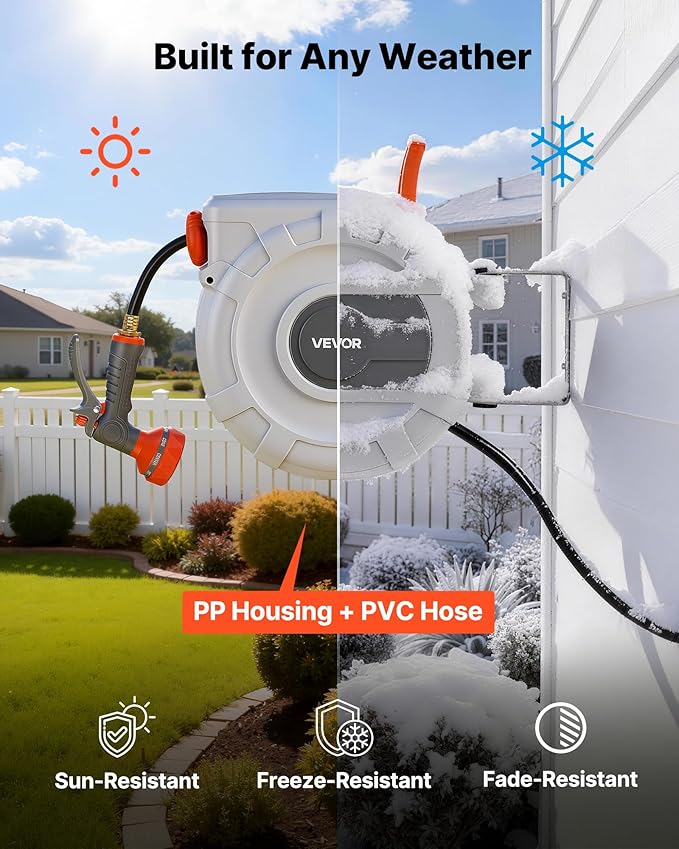 VEVOR Retractable Garden Hose Reel, 1/2 in x 50 ft, Wall Mounted Hose Reel with 9-Function Sprayer Nozzle and 180° Swivel Bracket, Any Length Lock, Automatic Slow Rewind System, for Garden Watering