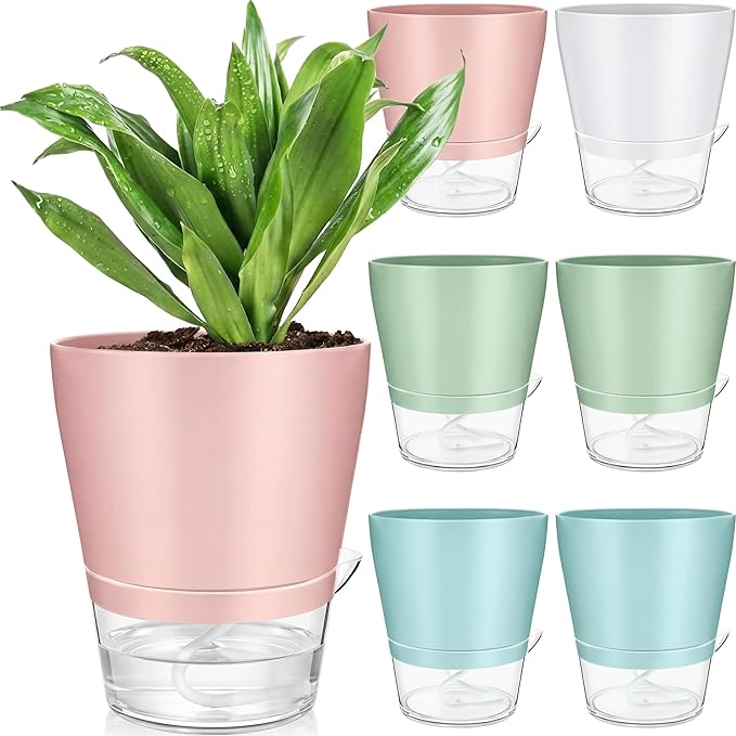 6 Pack 6 Inch Self Watering Plant Pot African Violet Pot Self Watering Planters Indoor Outdoor Flower Pots Planters with Visual Reservoir and Drainage Hole, Bright Colors