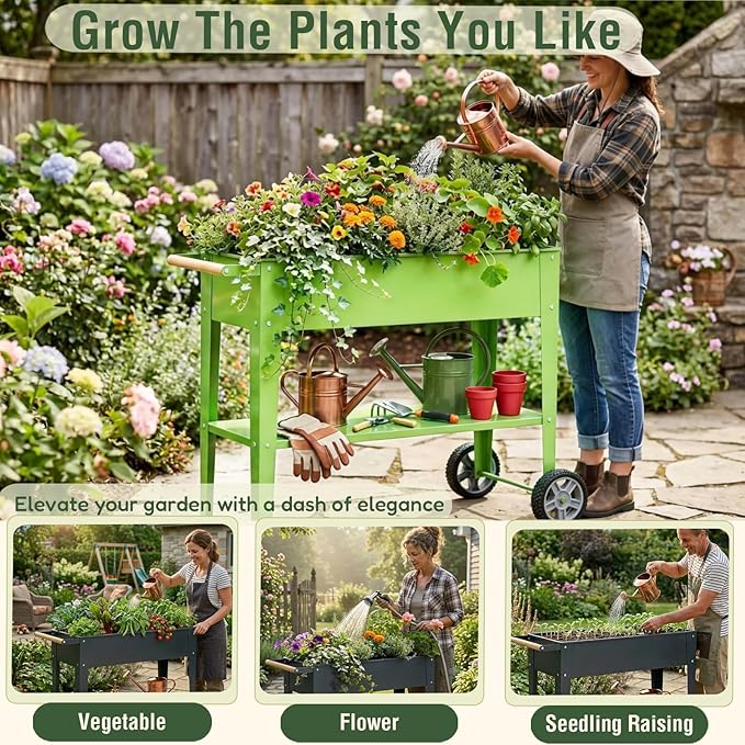 Raised Garden Bed Outdoor with Wheels, Leg and Wooden Handle, 36.2x13.4x32.3in, 400lb Cap, Metal Elevated Raised Planter Box for Herb, Vegetable, Perfect for Backyard, Balcony, Grass Green