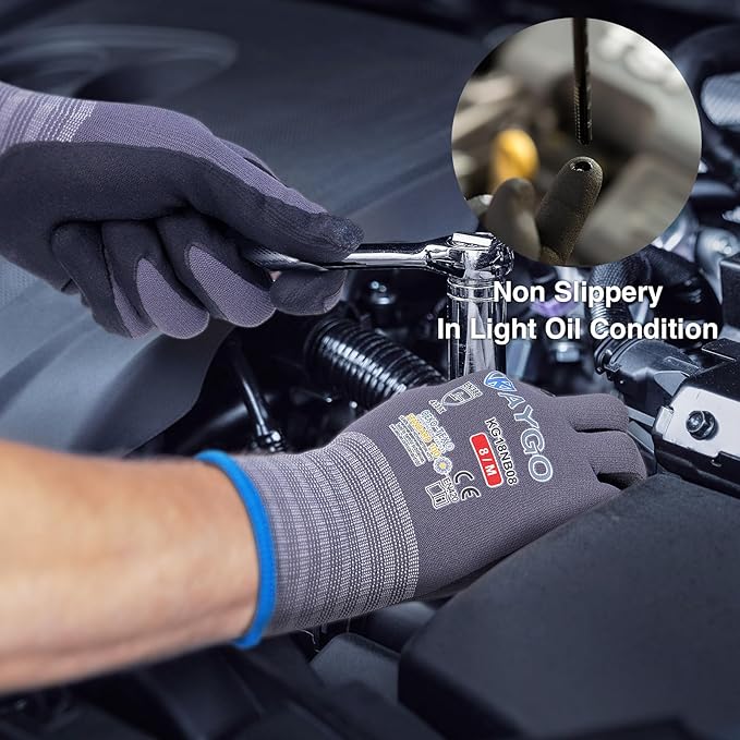 KAYGO Safety Work Gloves MicroFoam Nitrile Coated, 3 Pairs KG18NB,Seamless Knit Nylon Glove for Men and Women, Ideal for Automotive,Warehouse,Construction (Large,Gray)