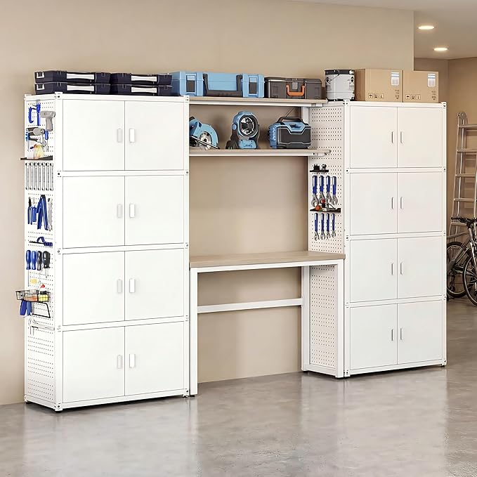 FLEXIMOUNTS Garage Storage Cabinet System, 3-in-1 Modular System with Integrated Workbench, Cabinets & Pegboard, 24-Gauge Steel, 117" L, 8-Door Cabinet for Garage Workshop, White, FLEXIMOD Series