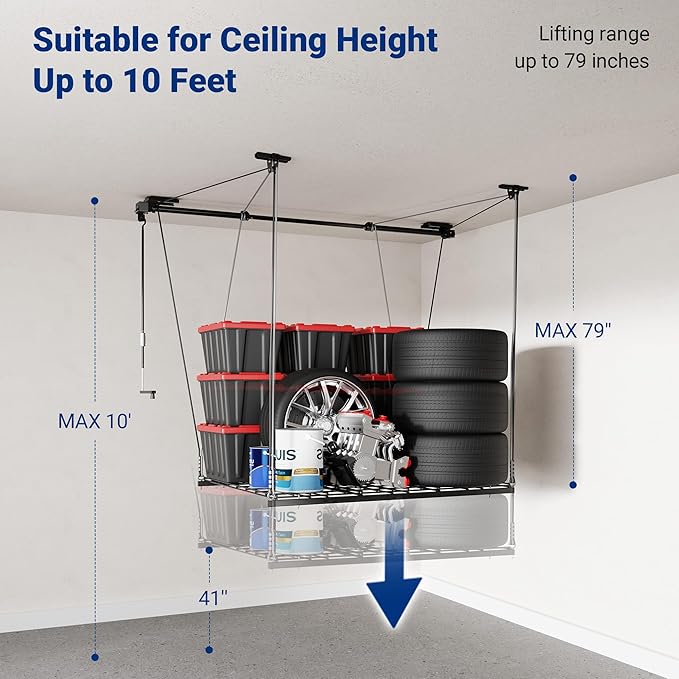 FLEXIMOUNTS GL1 Overhead Garage Lifting Storage Rack, 4x4 Ft Heavy-Duty Metal Garage Ceiling Rack, Adjustable Organization System With 71''L Axle, 350lbs Weight, Black