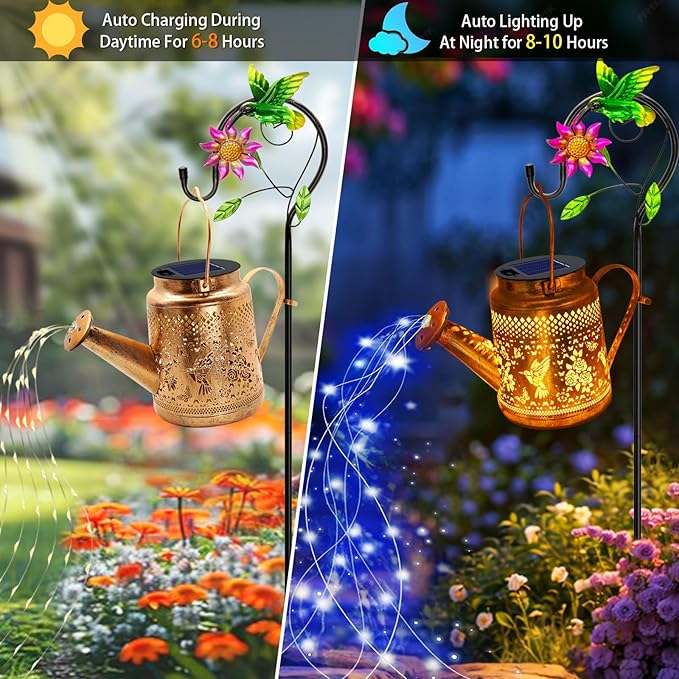 Big Solar Lanterns Outdoor Waterproof, Gift for Mom Grandma Women Wife Daughter Mother's Day, Blue Hummingbird Watering Can Light With Shepherd Hook, Solar Path Light Yard Outdoor Patio Garden Decor