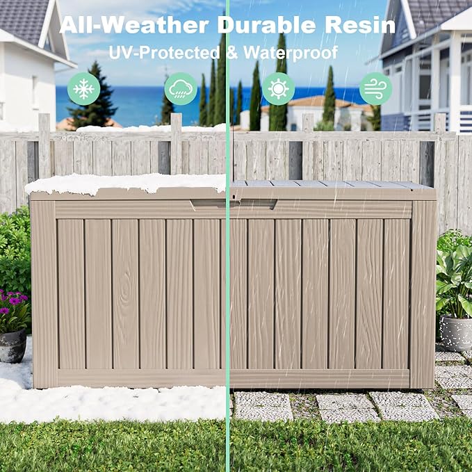 ROJIK 90 Gallon Waterproof Outdoor Deck Storage Box, Lockable Resin Patio Storage Bin with Lid for Garden Tools, Patio Cushions & Outdoor Accessories(Grey)