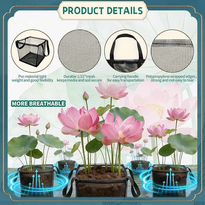 18 Pcs Aquatic Planting Bags with Handles, 7" Aquatic Pond Planter for Pond, Breathe Reusable Mesh Water Garden Pond Plant Pot for Aquatic Plants, Water Lily, Potato, Carrot, Flower