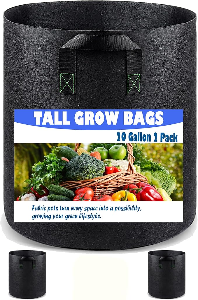 Tall Fabric Pots for Plants, 20 Gallon 2 Pack Cloth Grow Bags with Short Handles, Taller Design for Deep Root Vegetables, Washable Reusable Plant Pots for Garden Patio Pond