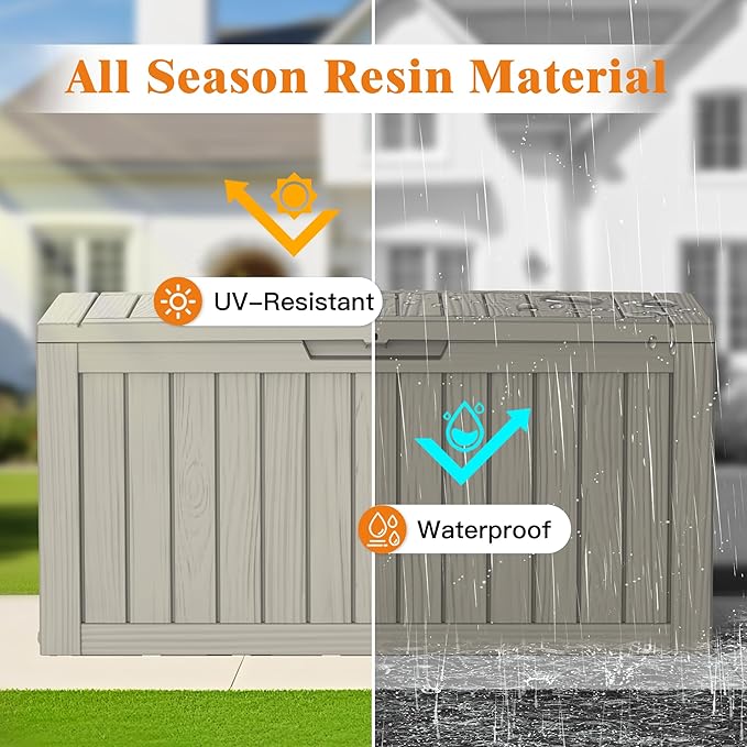 75 Gallon Outdoor Storage Box, Waterproof Deck Box with Handles and Lockable Lid, Resin Patio Storage Box with Hydraulic Rods for Garden Tools, Cushions, Grey